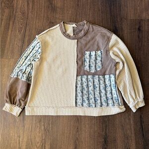 POL Patchwork Crew Neck Sweater - Cream, Brown, Blue